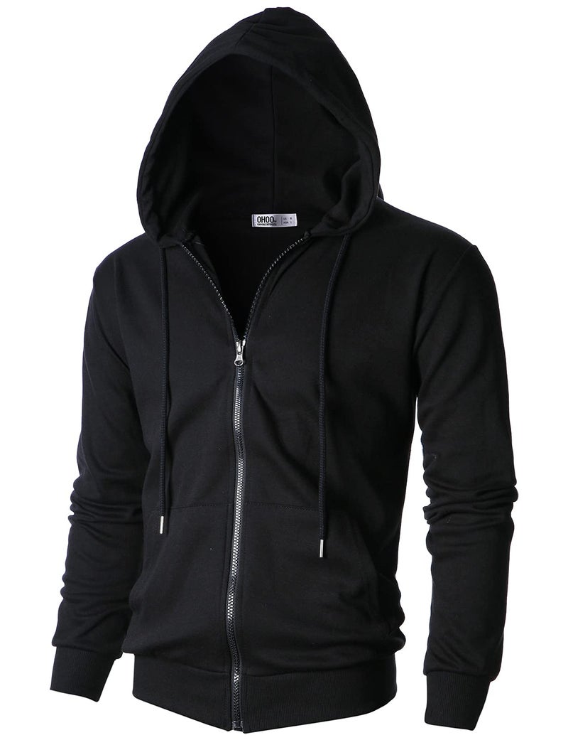 Ohoo Mens Zip Up Hoodie Lightweight Slim Fit Sweatshirt Full Zip Solid Color Hooded Jacket DCF102BLACKL