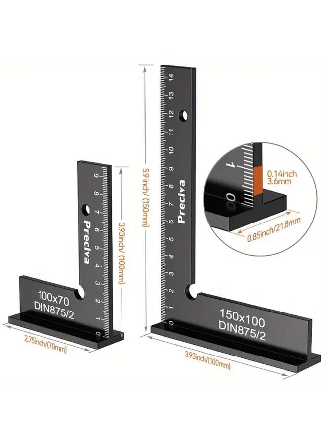 2pcs Heavy Duty Aluminum Protractor Set Black 150x100mm 100x70mm Large Scale Right Angle Sliding Scale Precision Measurement Tool For Architecture Engineering Carpentry Durable Metal Construction For Architects Engineers - Image 2