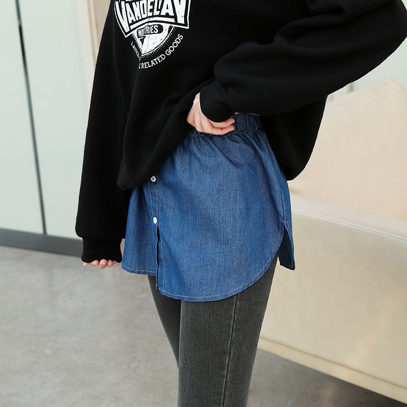 Solid Color All-match Fart Curtain Fake Hem Shirt Stacked with Inner Base Half Skirt Denim A- line Skirt denim blue