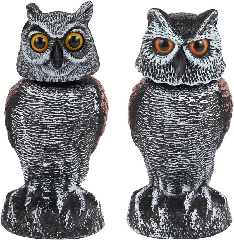 Hedoc 2 Pack Fake Owl Decoys to Scare Birds Away, Rotating Head Bird Deterrents, Nature Enemy Scarecrow Plastic Statues, Pest Repellent for Gardens and Patios - Image 1