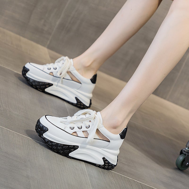 Dad's Shoes Leather Cut Out Women's Summer 2025 New Retro Lightweight Inner Heightening Casual Sports Shoes Thick-Soled Sandals - Image 3