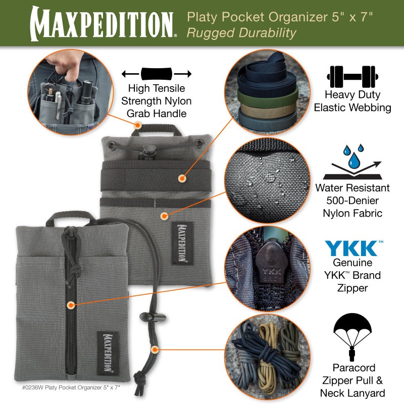 MAXPEDITION Platy Pocket Organizer, Durable EDC Tool Pouch for Men, Neck Wallet with Paracord Lanyard, Holds Flashlight, Multitool, Pen, Notebook (Wolf Gray, 5" x 7") - Image 3