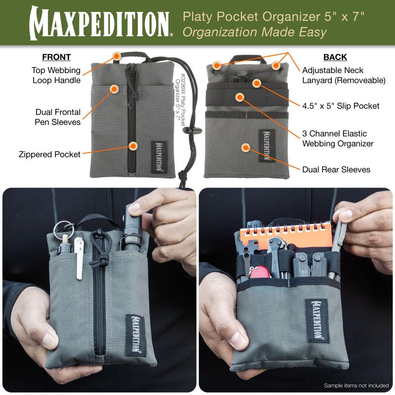 MAXPEDITION Platy Pocket Organizer, Durable EDC Tool Pouch for Men, Neck Wallet with Paracord Lanyard, Holds Flashlight, Multitool, Pen, Notebook (Wolf Gray, 5" x 7") - Image 4