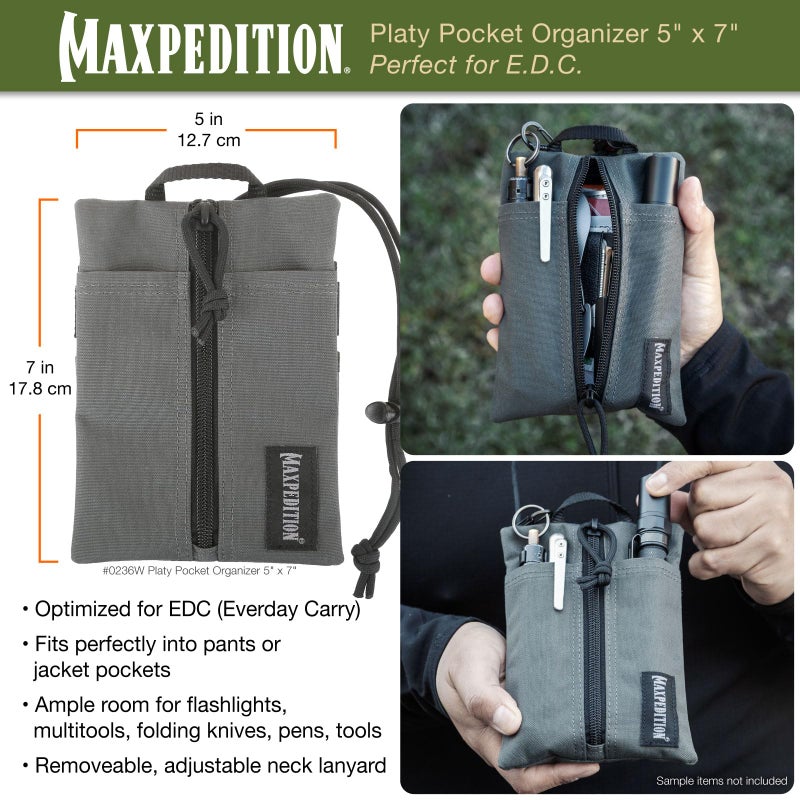 MAXPEDITION Platy Pocket Organizer, Durable EDC Tool Pouch for Men, Neck Wallet with Paracord Lanyard, Holds Flashlight, Multitool, Pen, Notebook (Wolf Gray, 5" x 7") - Image 2