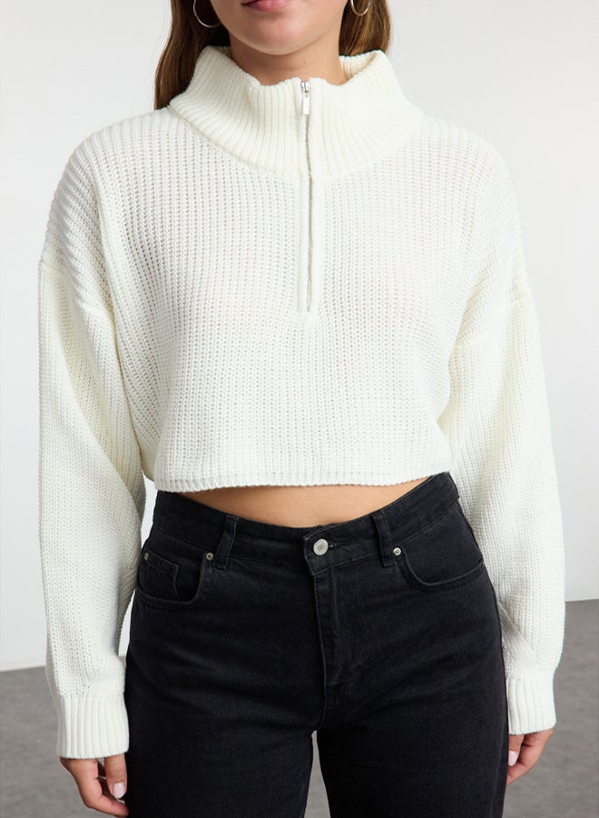 trendyol Super Crop Ecru Knitwear Sweater  Zippered - Image 2