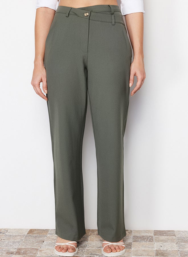 Khaki Premium Straight/Straight Fit Asymmetric Waist Detail Woven Trousers TWOSS24PL00067