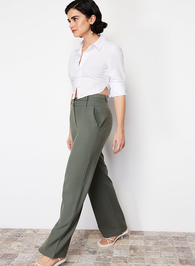 Khaki Premium Straight/Straight Fit Asymmetric Waist Detail Woven Trousers TWOSS24PL00067