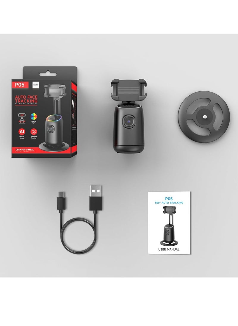 DIGI CORE - P05 Auto Face Tracking Phone Holder 360° Smart Gimbal Stabilizer With Adjustable Lens & Colorful Lights For Smartphone Vlog Live Chat And Selfies AI Gesture Control Mobile Stand Tripod Stand - Image 1