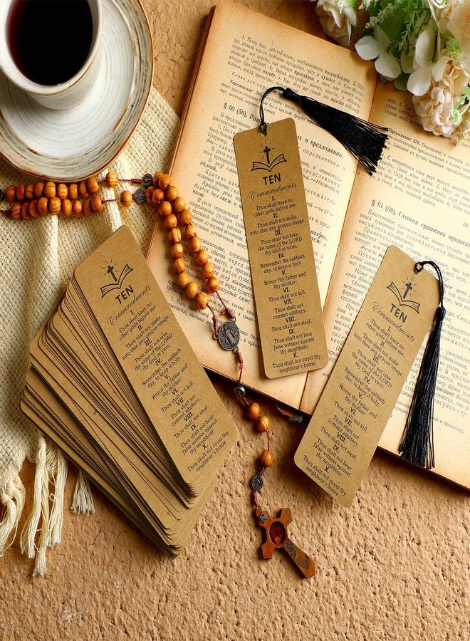 Skyygemm 120 Pcs Ten Commandments Bookmark with Tassel Bible Verse Religious Markers Bulk Christian Retro Kraft Paper Ten Commandments Bookmark Inspirational Church Supplies for Women Men Office - Image 3