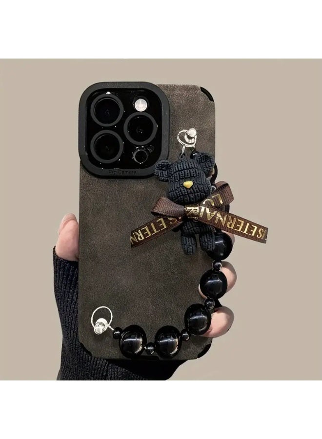 Temu Luxury soft faux leather phone case with a cute bear bracelet chain for lens protection, compatible with iPhone 13 Pro - Image 2