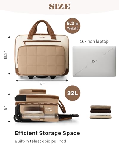 AUROTIER Rolling Puffer Laptop Bag, Rolling Briefcase for Women, Wheeled 16 Inch Computer Bag, Water Resistant Stylish Overnight Underseat Carry On Luggage with Wheels for Work Travel Business, Khaki - Image 5