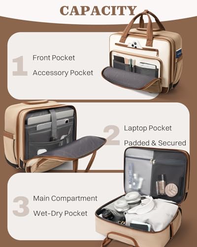 AUROTIER Rolling Puffer Laptop Bag, Rolling Briefcase for Women, Wheeled 16 Inch Computer Bag, Water Resistant Stylish Overnight Underseat Carry On Luggage with Wheels for Work Travel Business, Khaki - Image 3