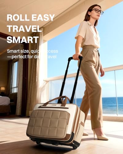 AUROTIER Rolling Puffer Laptop Bag, Rolling Briefcase for Women, Wheeled 16 Inch Computer Bag, Water Resistant Stylish Overnight Underseat Carry On Luggage with Wheels for Work Travel Business, Khaki - Image 2
