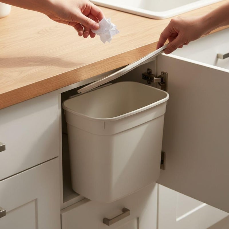 Hanging Kitchen Dustbin Bucket with Lid, 7 Liter Capacity, Space-Saving Waste Bin for Cabinet Doors, Compact Garbage Container,27.8 x 17.8 x 23.3 cm. Beige - Image 5