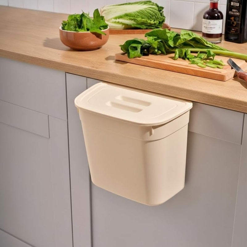 Hanging Kitchen Dustbin Bucket with Lid, 7 Liter Capacity, Space-Saving Waste Bin for Cabinet Doors, Compact Garbage Container,27.8 x 17.8 x 23.3 cm. Beige - Image 1