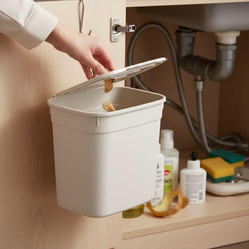 Hanging Kitchen Dustbin Bucket with Lid, 7 Liter Capacity, Space-Saving Waste Bin for Cabinet Doors, Compact Garbage Container,27.8 x 17.8 x 23.3 cm. Beige - Image 4