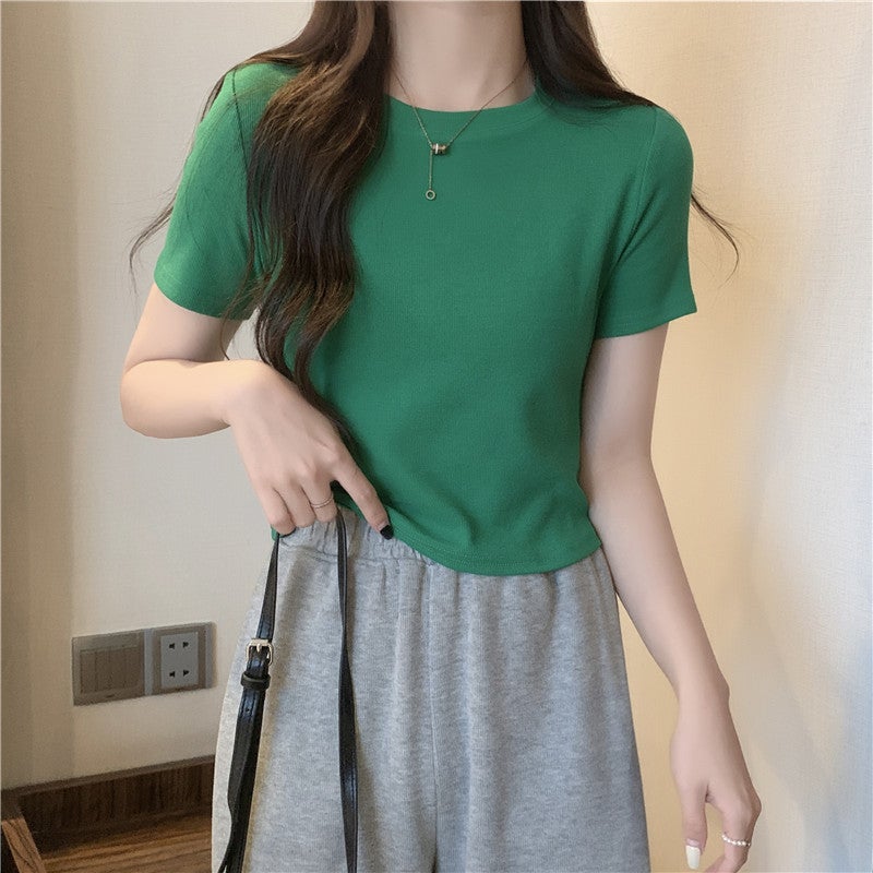 2024 Summer Cotton New Short T-Shirt Women'S Short Sleeve Shoulder Solid Color Inner Top Half Sleeve T-Shirt Tide - Image 2