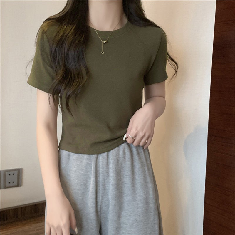 2024 Summer Cotton New Short T-Shirt Women'S Short Sleeve Shoulder Solid Color Inner Top Half Sleeve T-Shirt Tide - Image 3