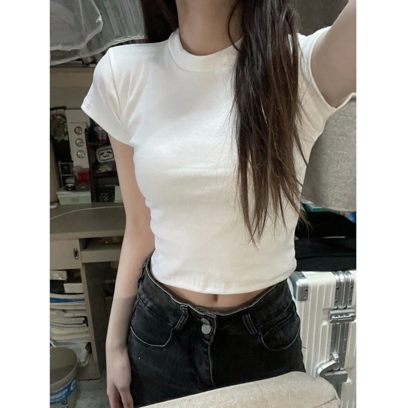 2024 Summer Cotton New Short T-Shirt Women'S Short Sleeve Shoulder Solid Color Inner Top Half Sleeve T-Shirt Tide - Image 4