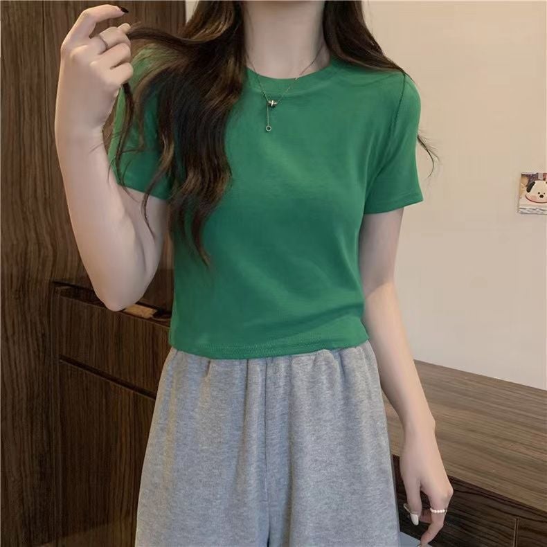 2024 Summer Cotton New Short T-Shirt Women'S Short Sleeve Shoulder Solid Color Inner Top Half Sleeve T-Shirt Tide - Image 1