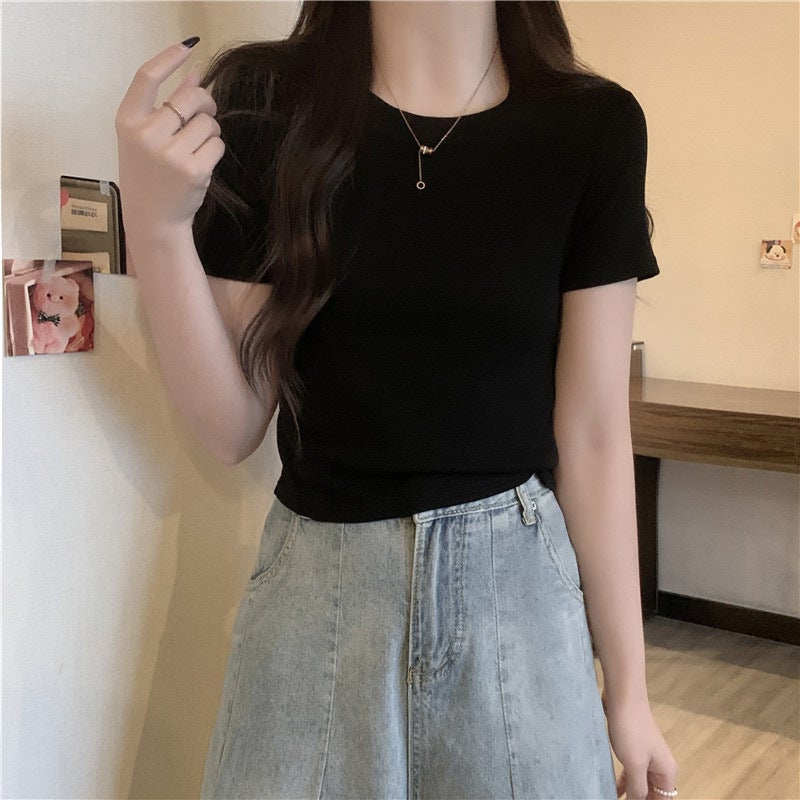 2024 Summer Cotton New Short T-Shirt Women'S Short Sleeve Shoulder Solid Color Inner Top Half Sleeve T-Shirt Tide - Image 5