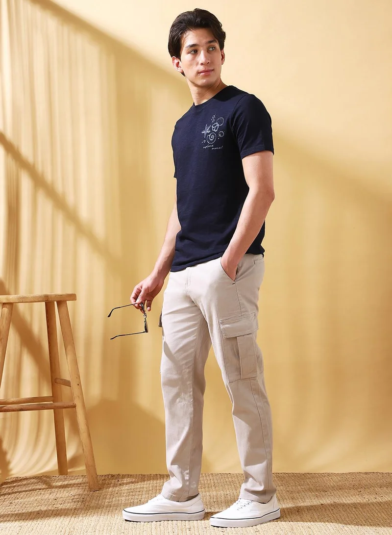 Dennis Lingo Men's Light Grey Cotton Blend Solid Full Length Cargo Straight Trouser