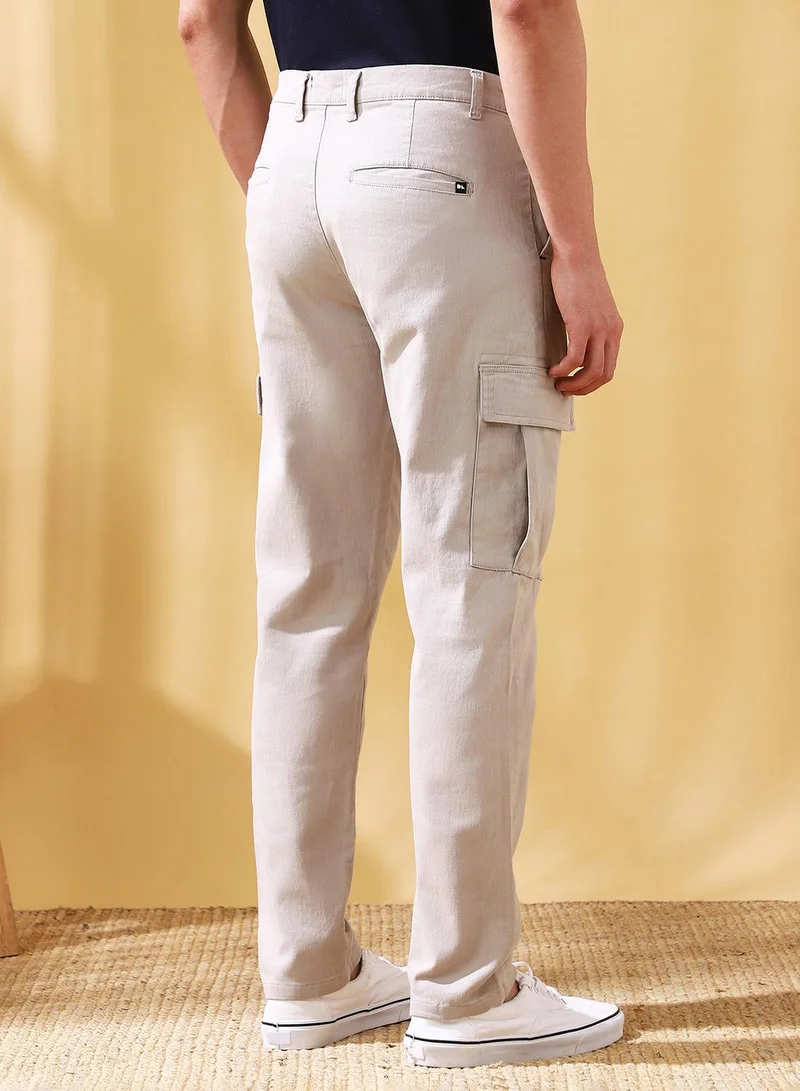 Dennis Lingo Men's Light Grey Cotton Blend Solid Full Length Cargo Straight Trouser