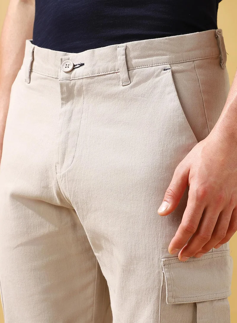 Dennis Lingo Men's Light Grey Cotton Blend Solid Full Length Cargo Straight Trouser