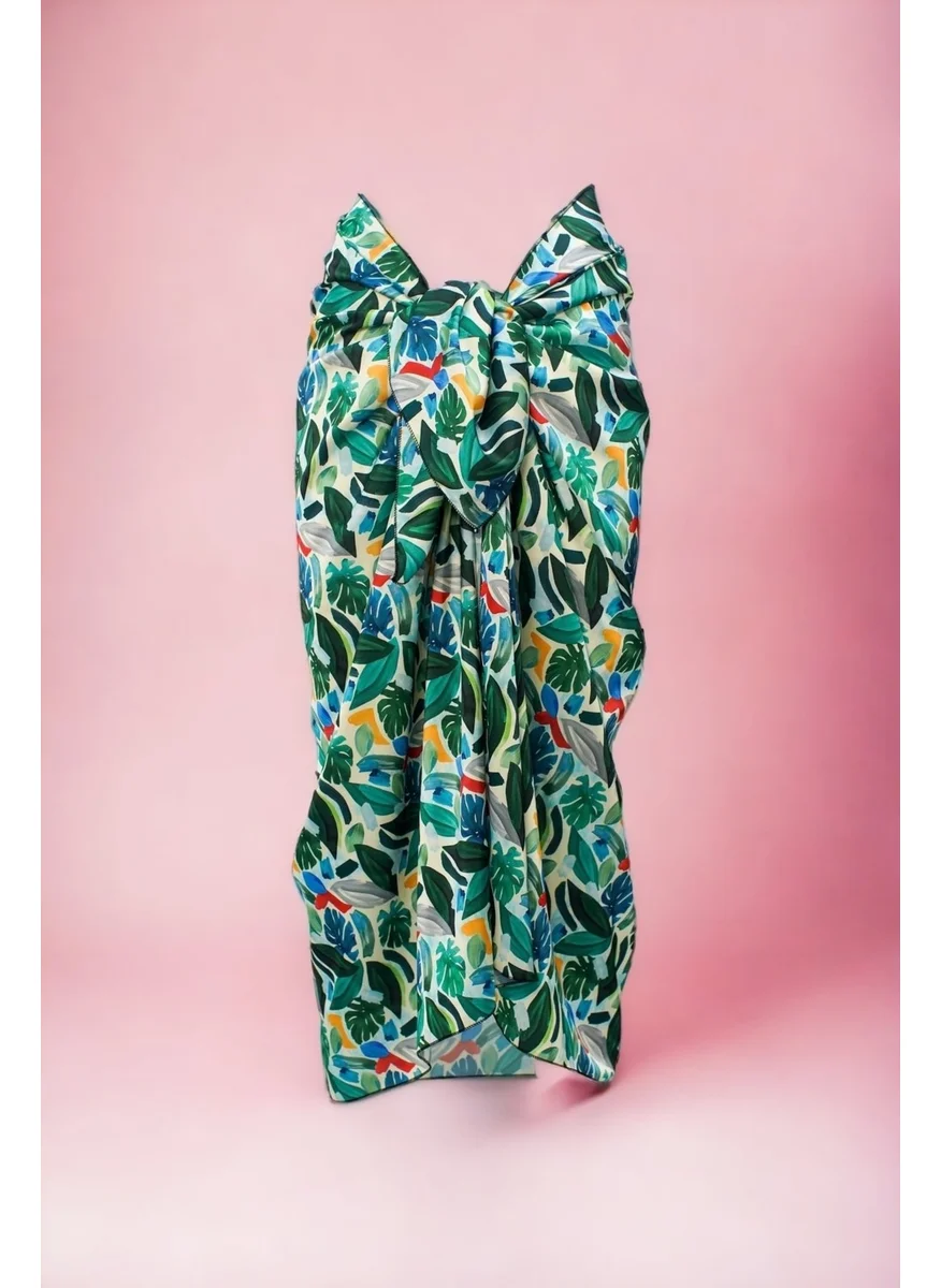 Pistore Tropical Patterned Abstract Green Long Pareo Satin See-through Women's Beach Dress New Season