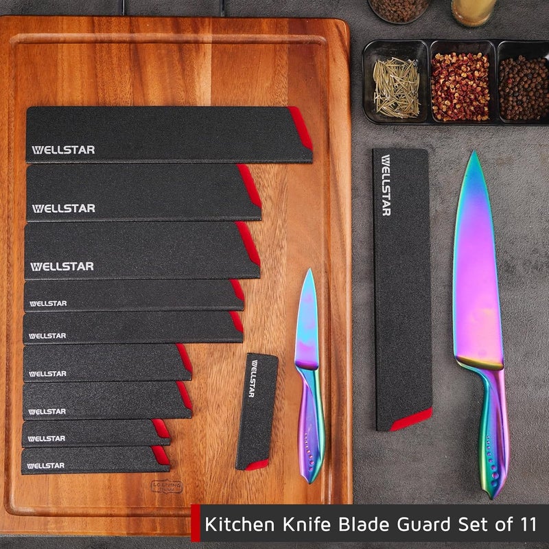 WELLSTAR Knife Edge Guards Set, 11 Piece Universal Blade Covers, BPA Free ABS Protective Blade Sheaths, Non-Scratch Felt Lining Kitchen Knives Covers (Knives not included) - Image 2