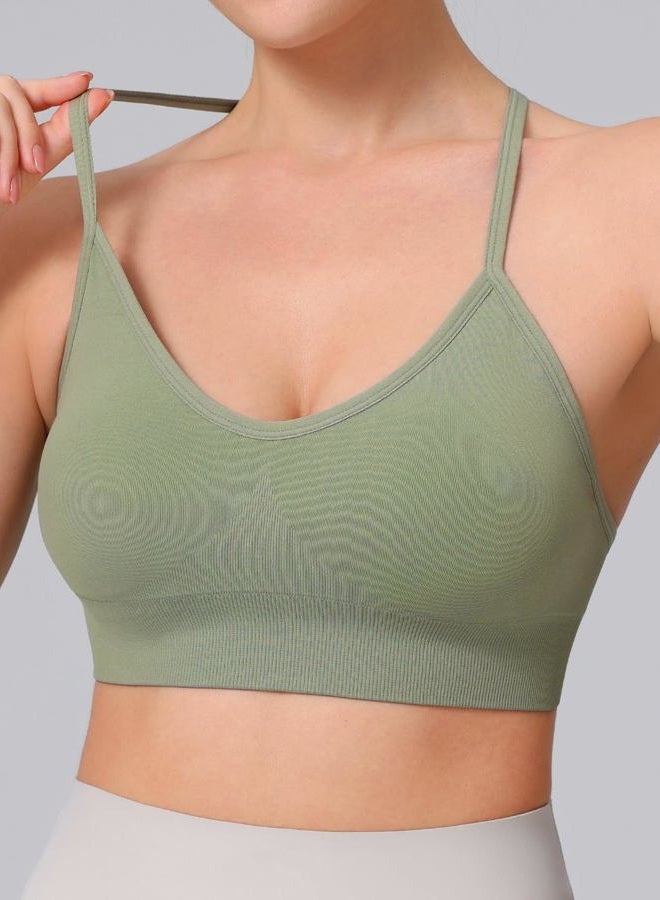 ULERSP Women's Sports Bras Adjustable Y Back Spaghetti Strap Racerback Padded Wireless Yoga Workout Tops, Black Grey Green 3 Pack, L - Image 4