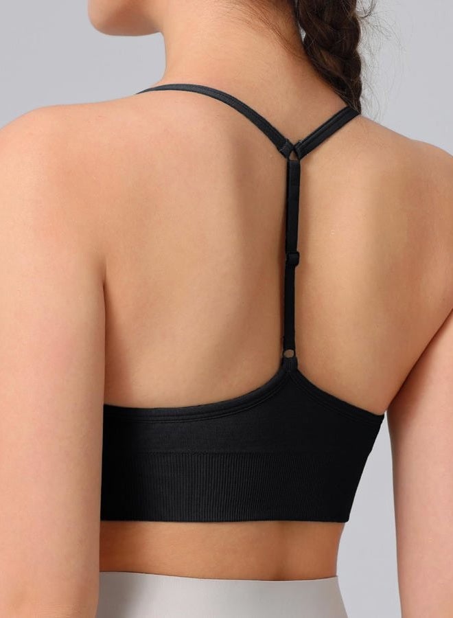 ULERSP Women's Sports Bras Adjustable Y Back Spaghetti Strap Racerback Padded Wireless Yoga Workout Tops, Black Grey Green 3 Pack, L - Image 3