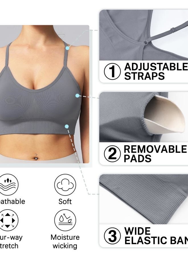 ULERSP Women's Sports Bras Adjustable Y Back Spaghetti Strap Racerback Padded Wireless Yoga Workout Tops, Black Grey Green 3 Pack, L - Image 5