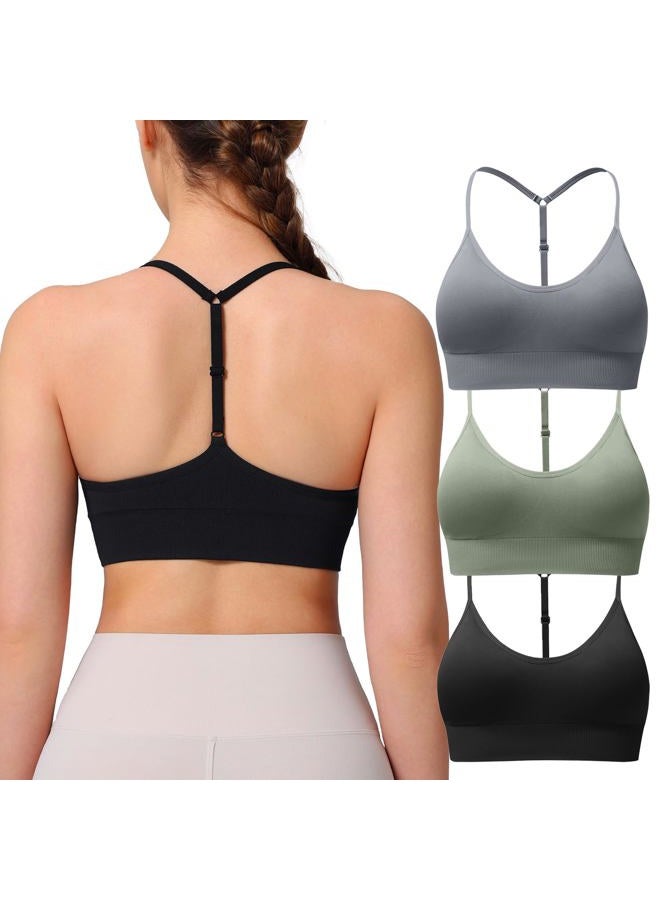 ULERSP Women's Sports Bras Adjustable Y Back Spaghetti Strap Racerback Padded Wireless Yoga Workout Tops, Black Grey Green 3 Pack, L - Image 1