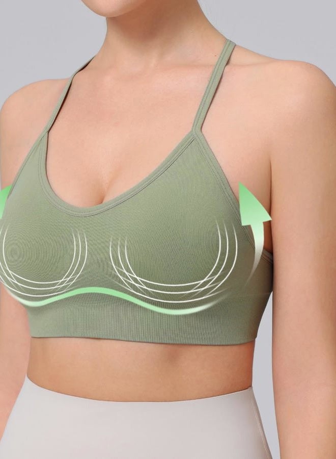 ULERSP Women's Sports Bras Adjustable Y Back Spaghetti Strap Racerback Padded Wireless Yoga Workout Tops, Black Grey Green 3 Pack, L - Image 2