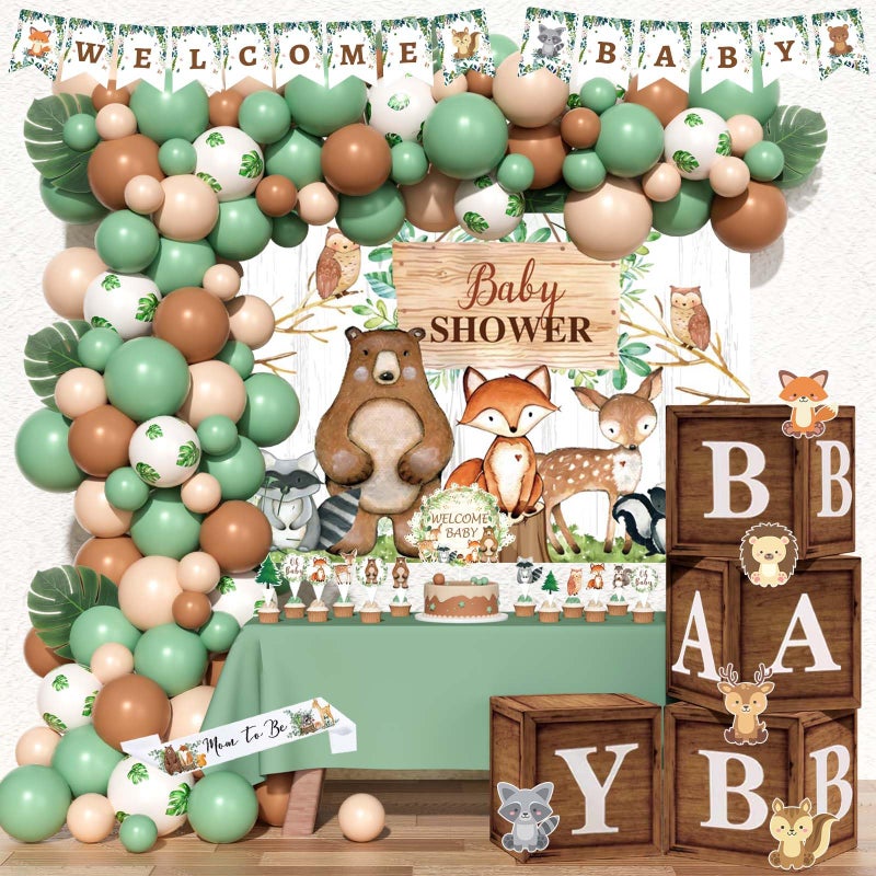 Hombae Woodland Baby Shower Decorations Forest Neutral Baby Shower Party Decorations Safari Animal Backdrop Balloons Banner Box Leaves Cake Topper Sash for Gender Reveal Party Supplies - Image 2