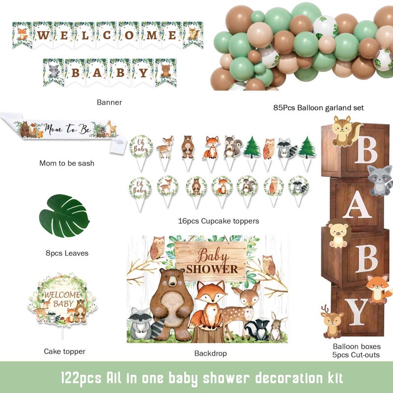 Hombae Woodland Baby Shower Decorations Forest Neutral Baby Shower Party Decorations Safari Animal Backdrop Balloons Banner Box Leaves Cake Topper Sash for Gender Reveal Party Supplies - Image 3