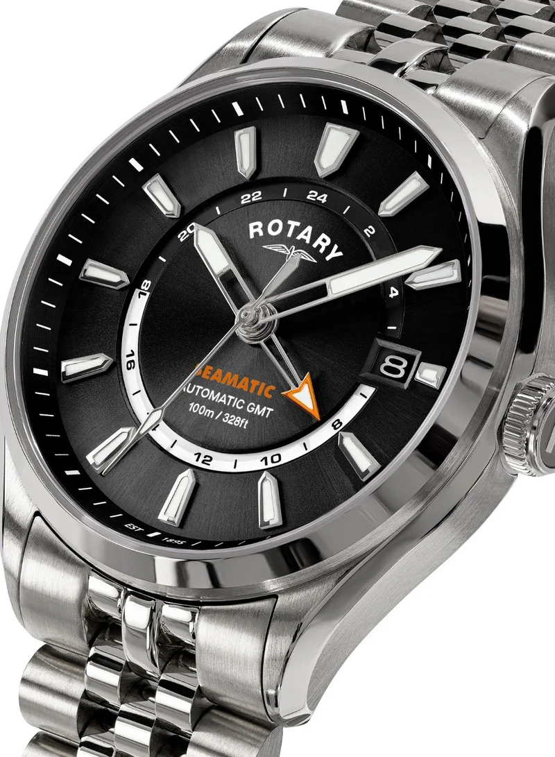 Rotary Men's Seamatic 100 GMT Automatic Watch, 40 mm, Black Dial, Stainless Steel Bracelet