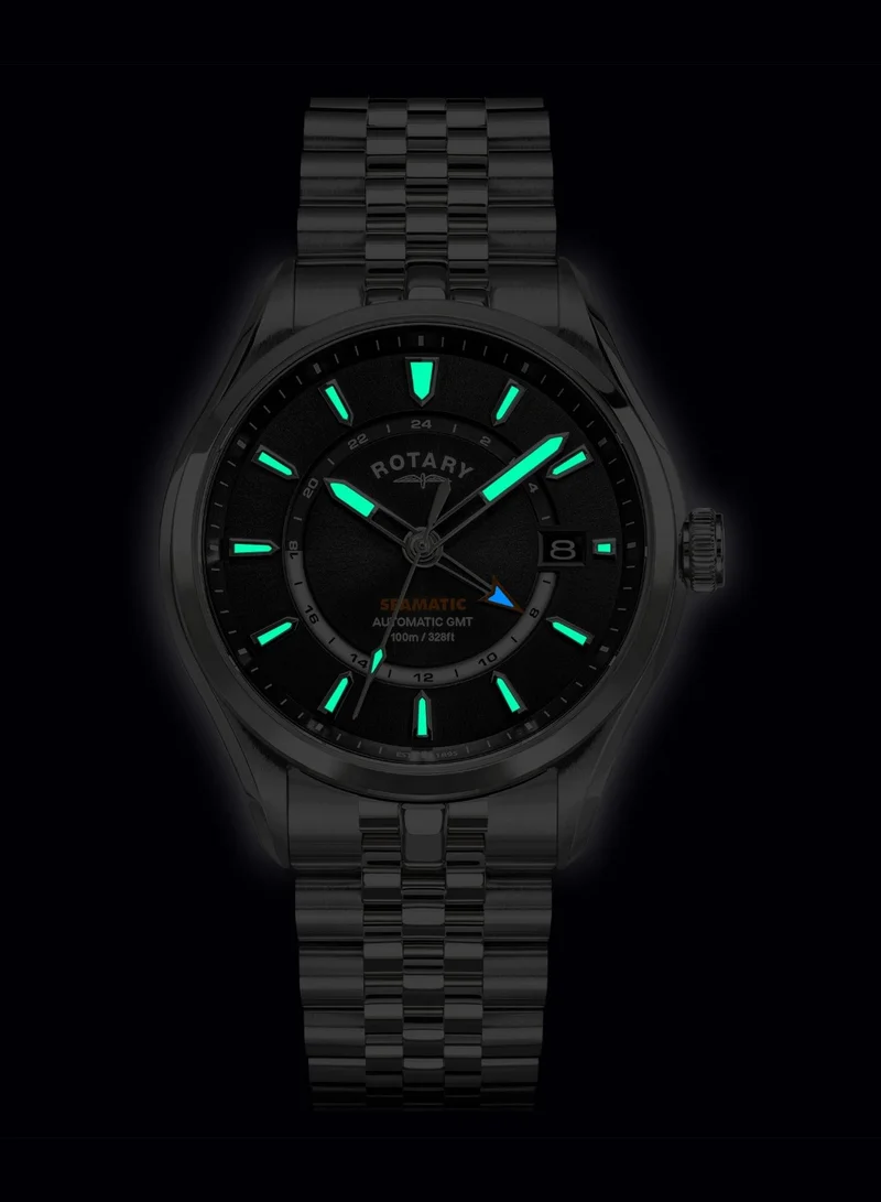 Rotary  Men's Seamatic 100 GMT Automatic Watch, 40 mm, Black Dial, Stainless Steel Bracelet for Men | Best Price UAE