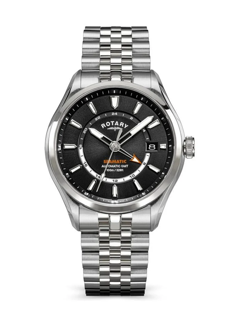 Rotary Men's Seamatic 100 GMT Automatic Watch, 40 mm, Black Dial, Stainless Steel Bracelet