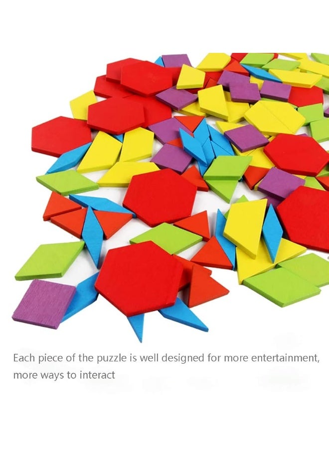 GEMEM 155 Pcs Wooden Pattern Blocks Set Geometric Shape Puzzle Kindergarten Classic Educational Montessori Tangram Toys for Kids Ages 4-8 with 24 Pcs Design Cards - Image 1