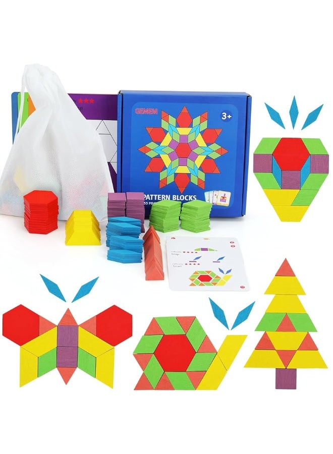 GEMEM 155 Pcs Wooden Pattern Blocks Set Geometric Shape Puzzle Kindergarten Classic Educational Montessori Tangram Toys for Kids Ages 4-8 with 24 Pcs Design Cards - Image 3