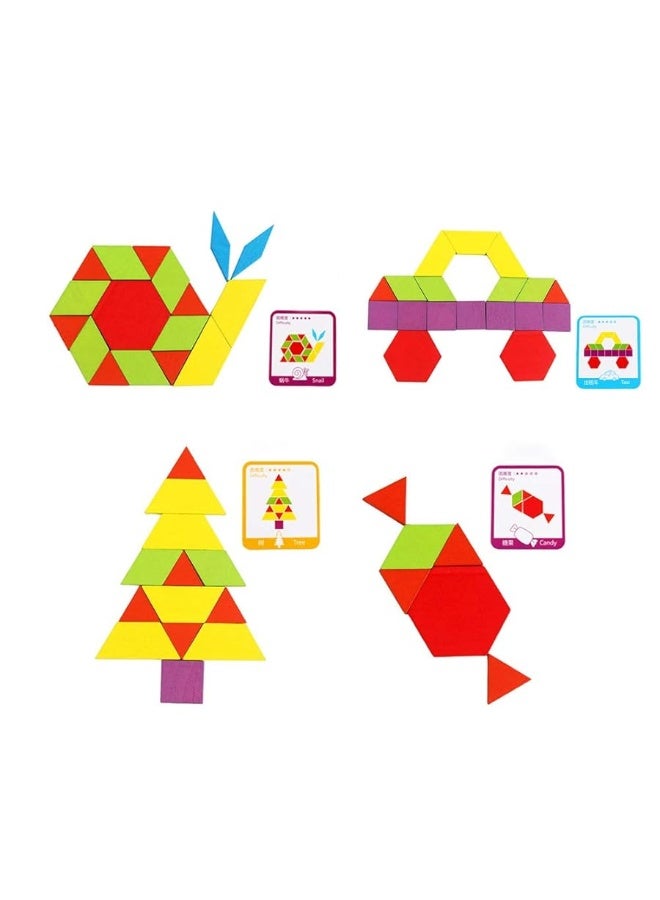 GEMEM 155 Pcs Wooden Pattern Blocks Set Geometric Shape Puzzle Kindergarten Classic Educational Montessori Tangram Toys for Kids Ages 4-8 with 24 Pcs Design Cards - Image 5
