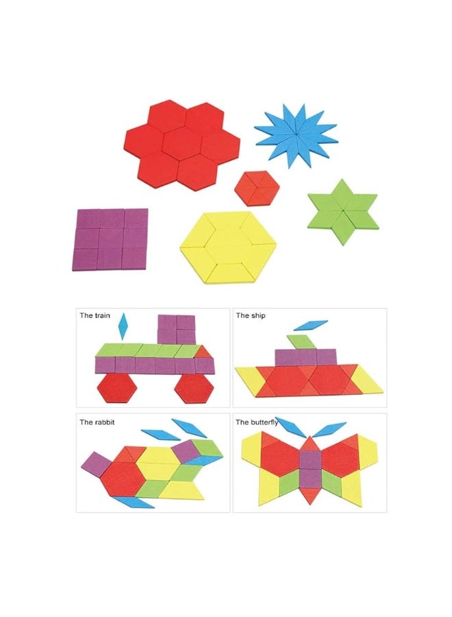 GEMEM 155 Pcs Wooden Pattern Blocks Set Geometric Shape Puzzle Kindergarten Classic Educational Montessori Tangram Toys for Kids Ages 4-8 with 24 Pcs Design Cards - Image 2