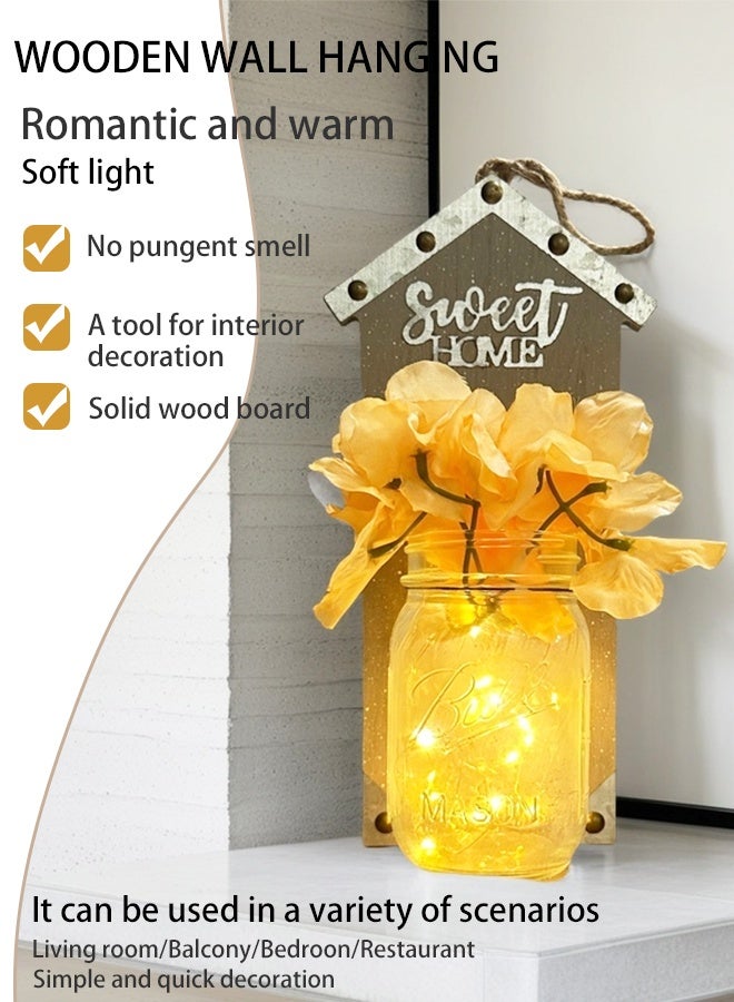 سويت هوم طقم من 2 حوامل حائط مزينة بجرار مزججة ريفية مع أضواء ليد خيالية وزهور – زخرفة معلقة على الطراز الريفي مع جهاز تحكم عن بعد لديكور المنزل - Image 5