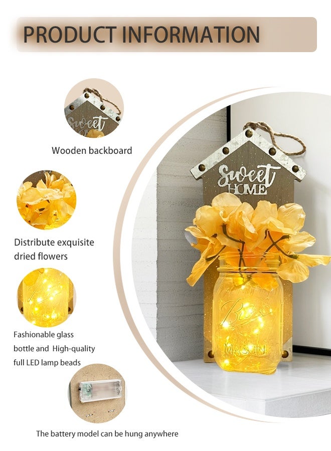سويت هوم طقم من 2 حوامل حائط مزينة بجرار مزججة ريفية مع أضواء ليد خيالية وزهور – زخرفة معلقة على الطراز الريفي مع جهاز تحكم عن بعد لديكور المنزل - Image 4