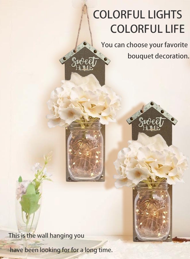 سويت هوم طقم من 2 حوامل حائط مزينة بجرار مزججة ريفية مع أضواء ليد خيالية وزهور – زخرفة معلقة على الطراز الريفي مع جهاز تحكم عن بعد لديكور المنزل - Image 1