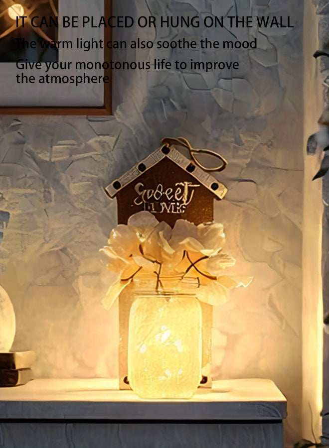 سويت هوم طقم من 2 حوامل حائط مزينة بجرار مزججة ريفية مع أضواء ليد خيالية وزهور – زخرفة معلقة على الطراز الريفي مع جهاز تحكم عن بعد لديكور المنزل - Image 2