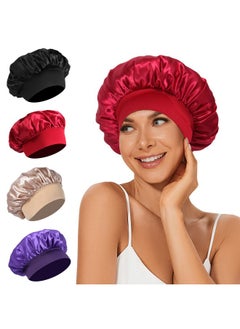 LEADUWAY 4Pcs Satin Bonnet Silk Bonnet, Hair Bonnet For Sleeping, Elastic Wide Band Silk Sleep Cap, Soft And Breathable (Black Red Purple Gold)  - Image 1