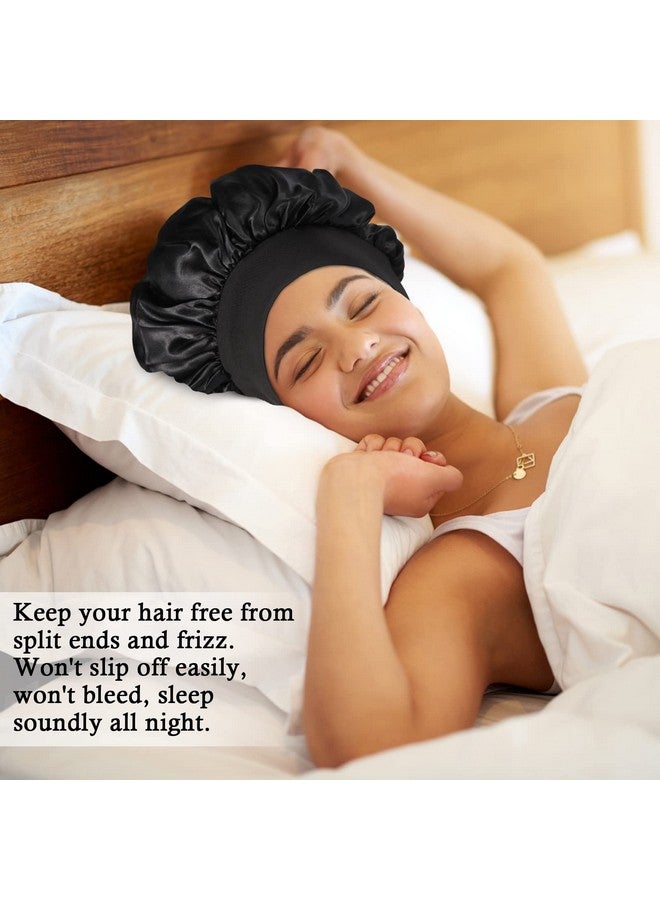 LEADUWAY 4Pcs Satin Bonnet Silk Bonnet, Hair Bonnet For Sleeping, Elastic Wide Band Silk Sleep Cap, Soft And Breathable (Black Red Purple Gold) - Image 2